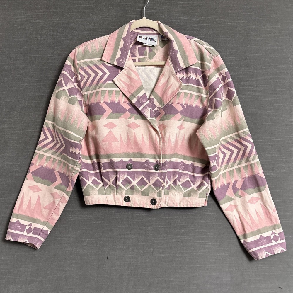 Vintage On The Verge Jacket M Cropped Pink Aztec Cotton Southwestern Boho USA